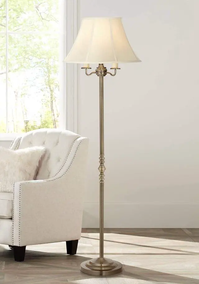 Alt view image 2 of 7 - Regency Hill Montebello Traditional Shabby Chic Floor Lamp Standing Pole 59" Tall Antique Brass Gold Metal Off White Bell Shade Candelabra Decor for Living Room Reading House Bedroom Home