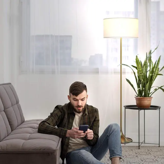 Alt view image 7 of 7 - Brightech Quinn LED Floor Lamp - Modern Standing Light for Living Rooms, Offices & Bedrooms - Mid-Century Design with Heavy Base for Reading - Great Decor - Brass/Gold