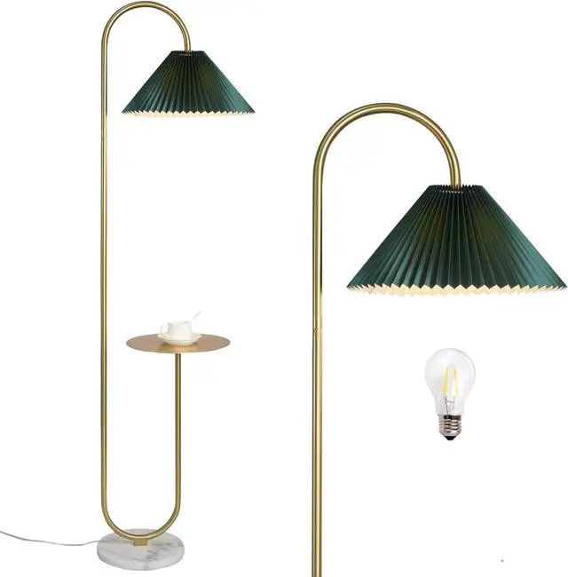 Main image of beaysyty Modern Elegant with Tray Floor Lamp for Office Cafe Den Living Room Bedroom, Foot Switch and Brass/Gold Finish,Dark Green Pleated Cloth Lampshade