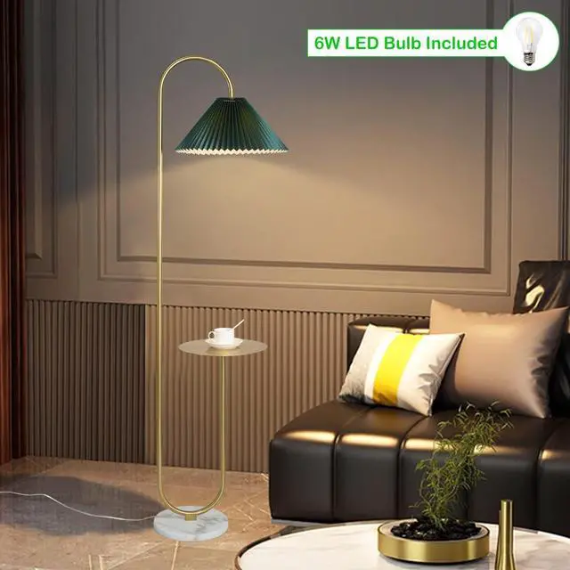 Alt view image 2 of 7 - beaysyty Modern Elegant with Tray Floor Lamp for Office Cafe Den Living Room Bedroom, Foot Switch and Brass/Gold Finish,Dark Green Pleated Cloth Lampshade