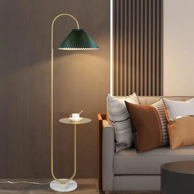 Alt view image 4 of 7 - beaysyty Modern Elegant with Tray Floor Lamp for Office Cafe Den Living Room Bedroom, Foot Switch and Brass/Gold Finish,Dark Green Pleated Cloth Lampshade