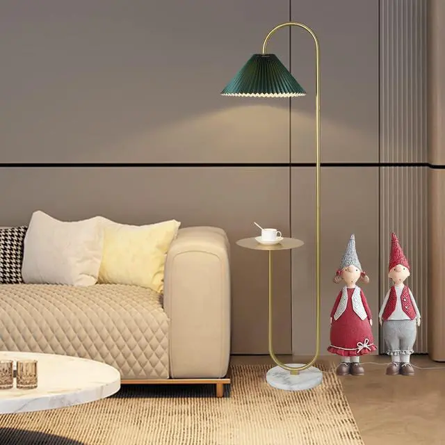 Alt view image 5 of 7 - beaysyty Modern Elegant with Tray Floor Lamp for Office Cafe Den Living Room Bedroom, Foot Switch and Brass/Gold Finish,Dark Green Pleated Cloth Lampshade