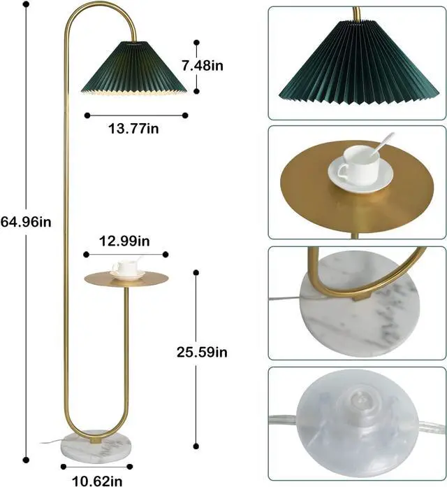 Alt view image 6 of 7 - beaysyty Modern Elegant with Tray Floor Lamp for Office Cafe Den Living Room Bedroom, Foot Switch and Brass/Gold Finish,Dark Green Pleated Cloth Lampshade