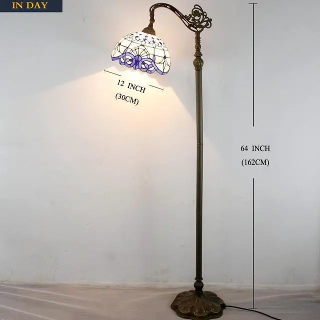 Alt view image 3 of 7 - WERFACTORY Tiffany Floor Lamp Navy Blue White Stained Glass Arched Lamp 12X18X64 Inches Gooseneck Adjustable Corner Standing Reading Light Decor Bedroom Living Room S003B Series