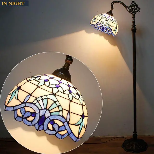 Alt view image 4 of 7 - WERFACTORY Tiffany Floor Lamp Navy Blue White Stained Glass Arched Lamp 12X18X64 Inches Gooseneck Adjustable Corner Standing Reading Light Decor Bedroom Living Room S003B Series