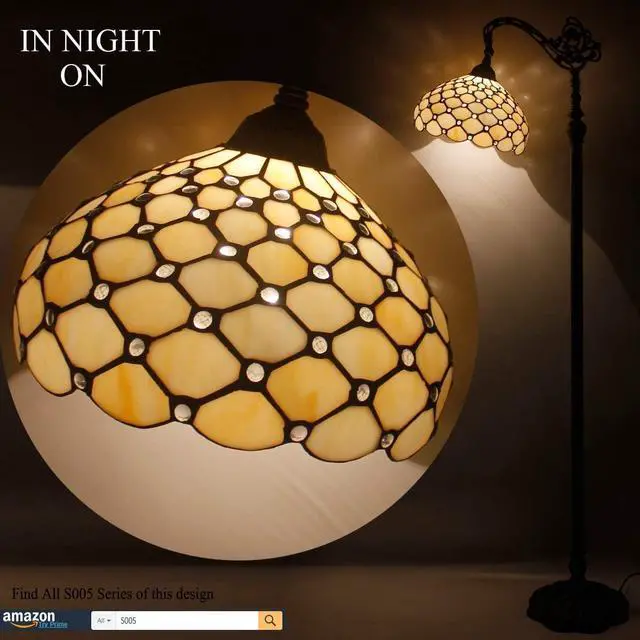 Alt view image 2 of 7 - WERFACTORY Tiffany Floor Lamp Cream Amber Stained Glass Bead Arched Lamp 12X18X64 Inch Gooseneck Adjustable Corner Standing Reading Light Decor Bedroom Living Room S005 Series