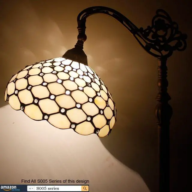Alt view image 7 of 7 - WERFACTORY Tiffany Floor Lamp Cream Amber Stained Glass Bead Arched Lamp 12X18X64 Inch Gooseneck Adjustable Corner Standing Reading Light Decor Bedroom Living Room S005 Series