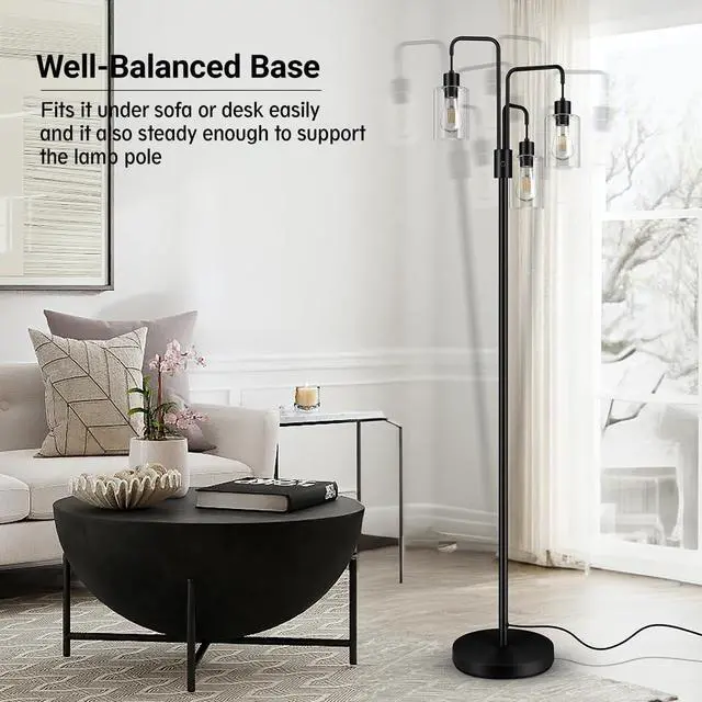Alt view image 4 of 7 - BoostArea Industrial Floor Lamp for Living Room,Glass Lampshade,Modern Stand Up Lamp with 3 Light,Simple Design Floor Lamp for Bedroom, Living Room, Office, Kids Room, Reading