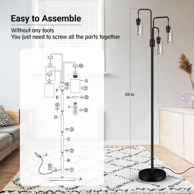 Alt view image 5 of 7 - BoostArea Industrial Floor Lamp for Living Room,Glass Lampshade,Modern Stand Up Lamp with 3 Light,Simple Design Floor Lamp for Bedroom, Living Room, Office, Kids Room, Reading