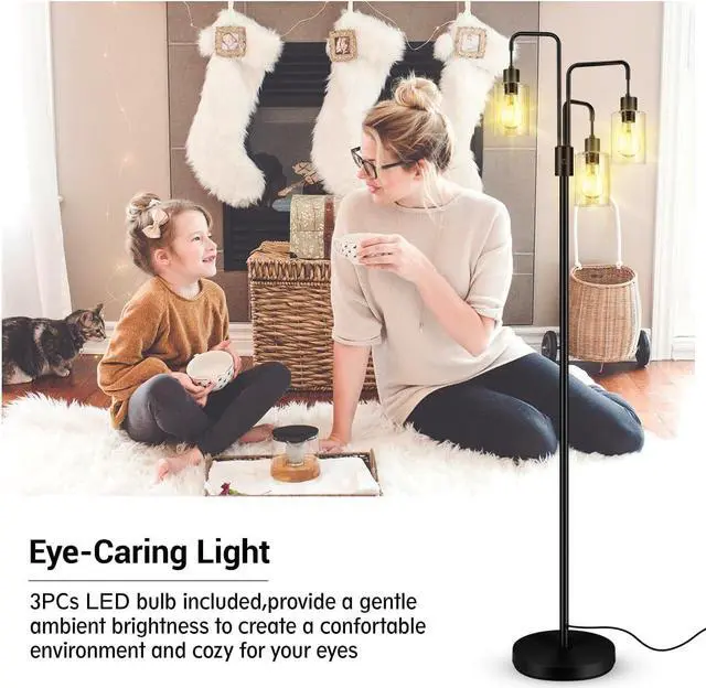 Alt view image 7 of 7 - BoostArea Industrial Floor Lamp for Living Room,Glass Lampshade,Modern Stand Up Lamp with 3 Light,Simple Design Floor Lamp for Bedroom, Living Room, Office, Kids Room, Reading