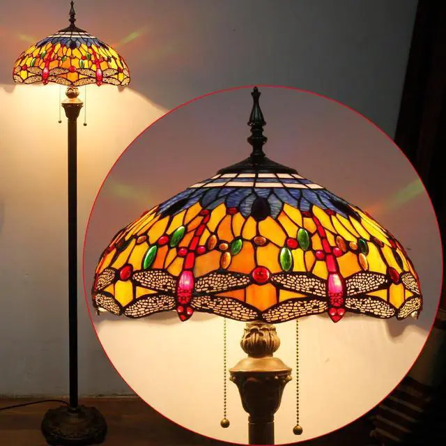 Alt view image 2 of 7 - WERFACTORY Tiffany Floor Lamp Blue Yellow Dragonfly Stained Glass Standing Reading Light 16X16X64 Inches Antique Pole Corner Lamp Decor Bedroom Living Room Home Office S168 Series