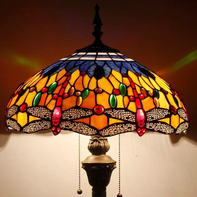 Alt view image 3 of 7 - WERFACTORY Tiffany Floor Lamp Blue Yellow Dragonfly Stained Glass Standing Reading Light 16X16X64 Inches Antique Pole Corner Lamp Decor Bedroom Living Room Home Office S168 Series
