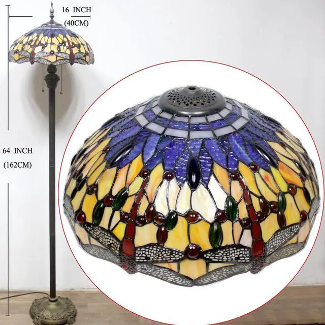 Alt view image 5 of 7 - WERFACTORY Tiffany Floor Lamp Blue Yellow Dragonfly Stained Glass Standing Reading Light 16X16X64 Inches Antique Pole Corner Lamp Decor Bedroom Living Room Home Office S168 Series