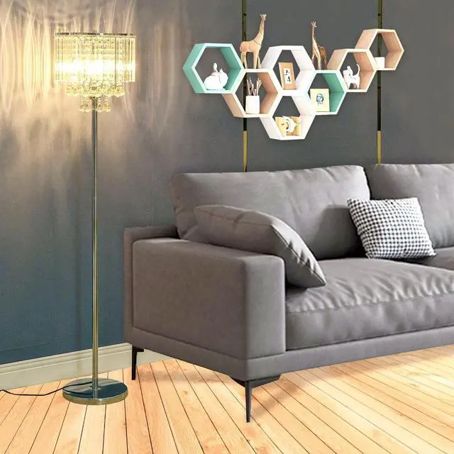 Alt view image 2 of 7 - beaysyty Modern Elegance Crystal Floor Lamp, On/Off Foot Switch, Crystal & Glass 3-Lights Standing Light, Reading Corner Lamp for Office Cafe, Den, Living Room Bedroom Chrome Finish