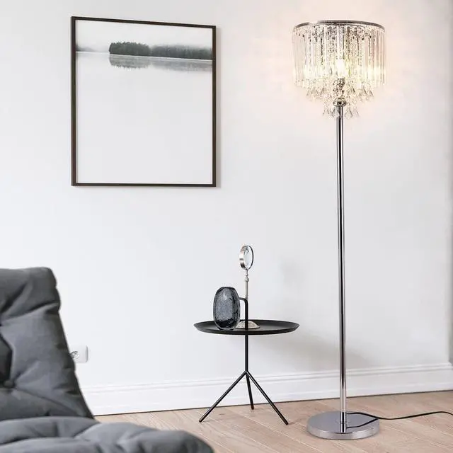 Alt view image 7 of 7 - beaysyty Modern Elegance Crystal Floor Lamp, On/Off Foot Switch, Crystal & Glass 3-Lights Standing Light, Reading Corner Lamp for Office Cafe, Den, Living Room Bedroom Chrome Finish
