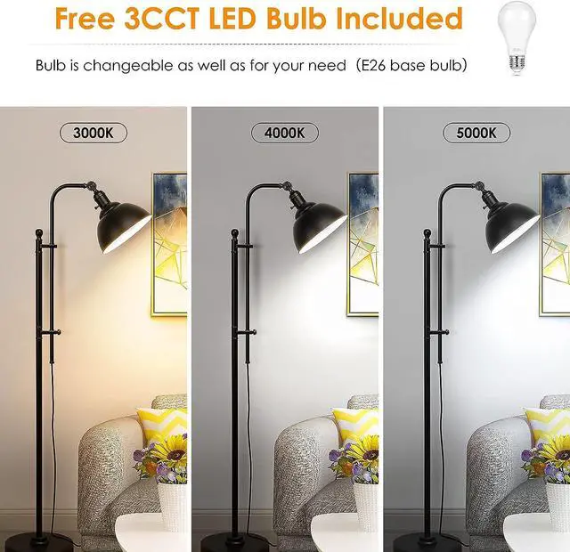 Alt view image 2 of 7 - Industrial Floor Lamp, 3 Color Temperature Rustic Floor Lamps in Aged Bronze, Adjustable Height&Head Standing Reading Lamp Farmhouse Lamp