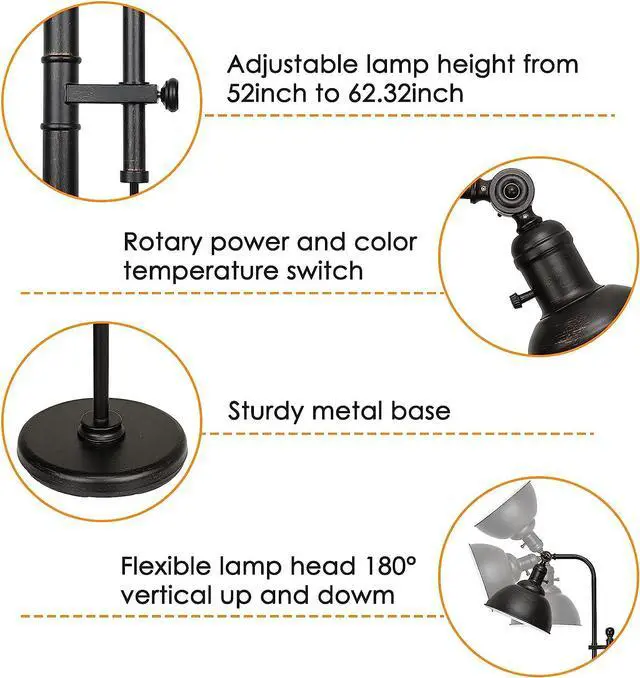 Alt view image 4 of 7 - Industrial Floor Lamp, 3 Color Temperature Rustic Floor Lamps in Aged Bronze, Adjustable Height&Head Standing Reading Lamp Farmhouse Lamp