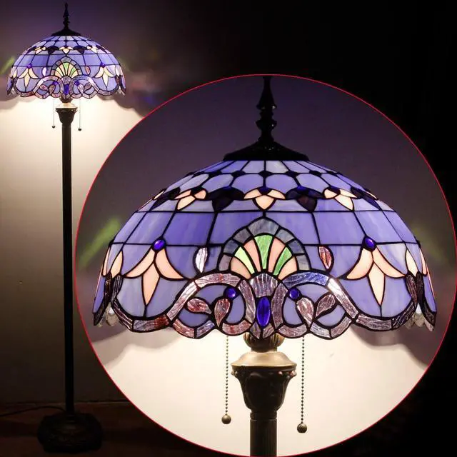 Alt view image 4 of 7 - WERFACTORY Tiffany Floor Lamp Blue Purple Baroque Stained Glass Standing Reading Light 16X16X64 Inches Antique Pole Corner Lamp Decor Bedroom Living Room Home Office S003C Series