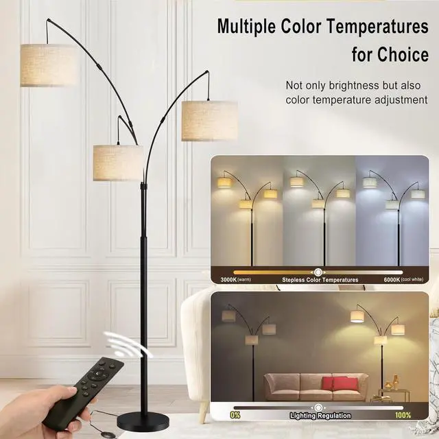Alt view image 3 of 6 - Arc Floor Lamp for Living Room with Remote Control, Dimmable Modern Mid Century 3 Lights Arched Tall Floor Lamp, Adjustable Standing Corner Lamp for Living Room Bedroom Office, Beige Lampshad (Black)