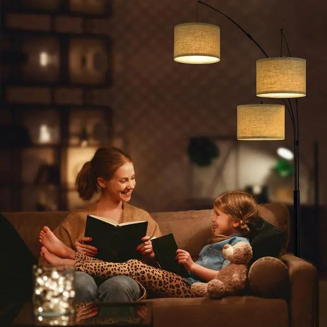 Alt view image 4 of 6 - Arc Floor Lamp for Living Room with Remote Control, Dimmable Modern Mid Century 3 Lights Arched Tall Floor Lamp, Adjustable Standing Corner Lamp for Living Room Bedroom Office, Beige Lampshad (Black)