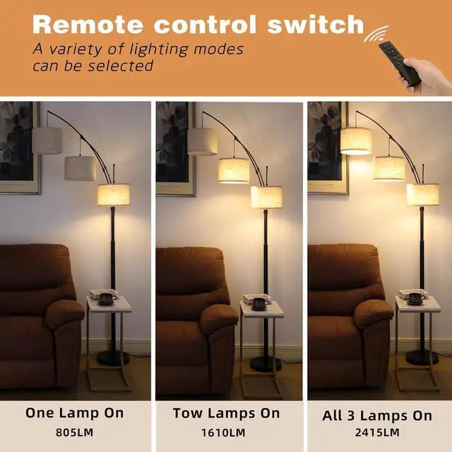 Alt view image 5 of 6 - Arc Floor Lamp for Living Room with Remote Control, Dimmable Modern Mid Century 3 Lights Arched Tall Floor Lamp, Adjustable Standing Corner Lamp for Living Room Bedroom Office, Beige Lampshad (Black)
