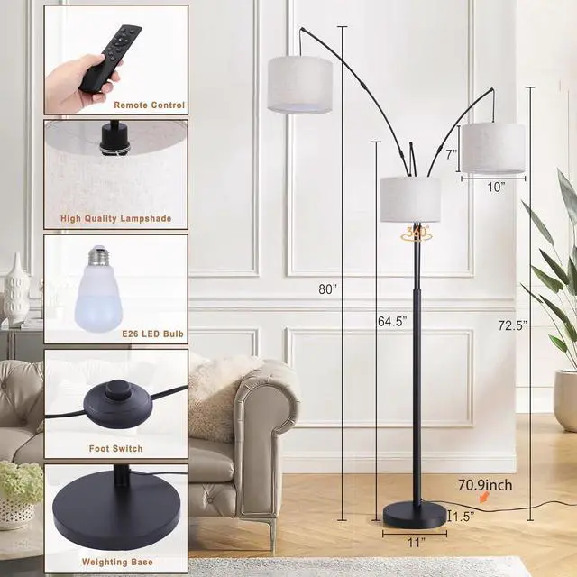Alt view image 6 of 6 - Arc Floor Lamp for Living Room with Remote Control, Dimmable Modern Mid Century 3 Lights Arched Tall Floor Lamp, Adjustable Standing Corner Lamp for Living Room Bedroom Office, Beige Lampshad (Black)