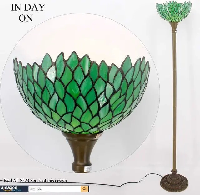 Alt view image 4 of 7 - WERFACTORY Tiffany Floor Lamp Green Wisteria Stained Glass Light 12X12X66 Inches Pole Torchiere Standing Corner Torch Uplight Decor Bedroom Living Room Home Office S523 Series