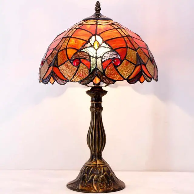 Alt view image 2 of 7 - WERFACTORY Tiffany Lamp Red Liaison Stained Glass Table Lamp Desk Bedside Reading Light 12X12X18 Inches Decor Bedroom Living Room Home Office S160R Series