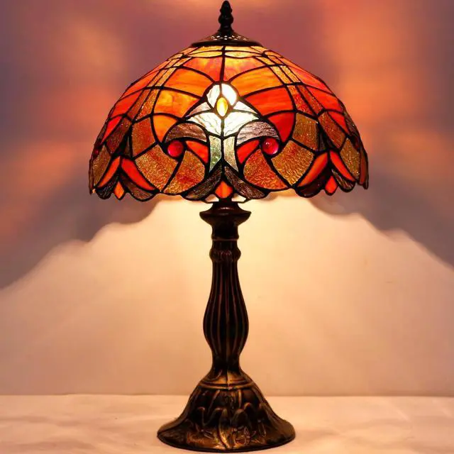 Alt view image 3 of 7 - WERFACTORY Tiffany Lamp Red Liaison Stained Glass Table Lamp Desk Bedside Reading Light 12X12X18 Inches Decor Bedroom Living Room Home Office S160R Series