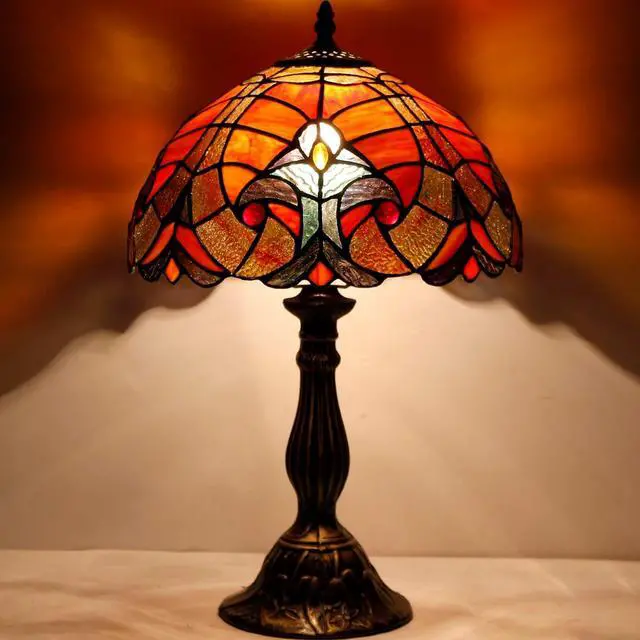 Alt view image 4 of 7 - WERFACTORY Tiffany Lamp Red Liaison Stained Glass Table Lamp Desk Bedside Reading Light 12X12X18 Inches Decor Bedroom Living Room Home Office S160R Series