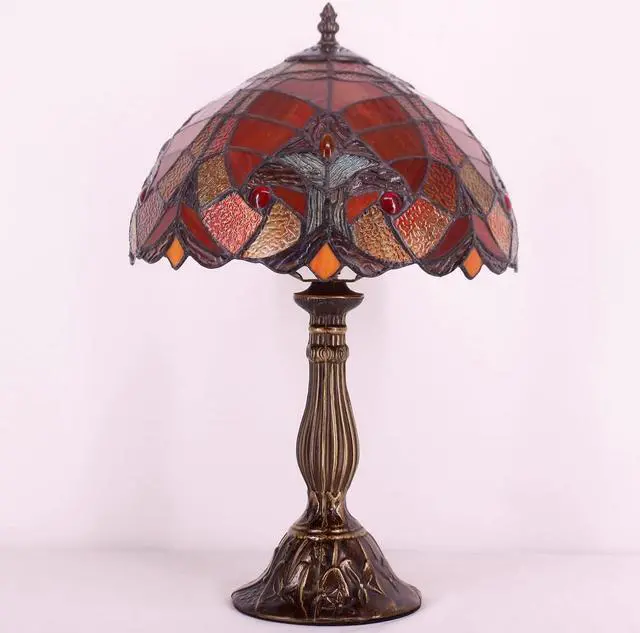 Alt view image 7 of 7 - WERFACTORY Tiffany Lamp Red Liaison Stained Glass Table Lamp Desk Bedside Reading Light 12X12X18 Inches Decor Bedroom Living Room Home Office S160R Series
