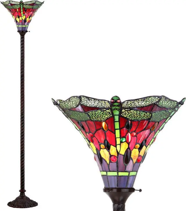 Main image of JONATHAN Y JYL8002B Dragonfly Tiffany-Style 71" Torchiere Floor Lamp, Tiffany, Traditional, Art Nouveau Style, Elegant, Office, Living Room, Family Room, Dining Room, Bedroom, Foyer, Bronze/Green