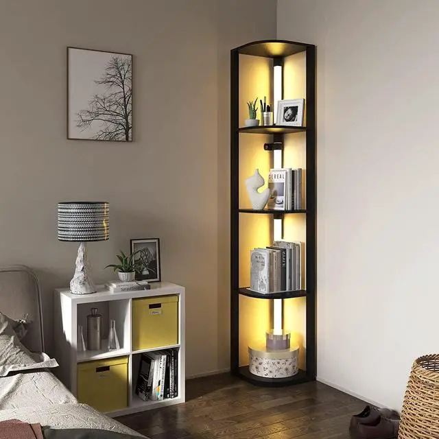 Alt view image 6 of 7 - VTRIN Corner Shelf with Light, Modern Home Decor Stand Floor Lamps with Storage Shelves for Collectibles, Sturdy 5-Tier Corner Bookshelf Cabinet Display Shelf for Living Room Bedroom Small Space