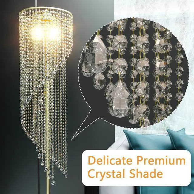 Alt view image 2 of 7 - QiMH Crystal Floor Lamp for Living Room/ Bedroom Decor, Bling Elegant Rain Lamp, Gold Standing Indoor Tall Pole Light Simple Floor Lamp with Foot Switch