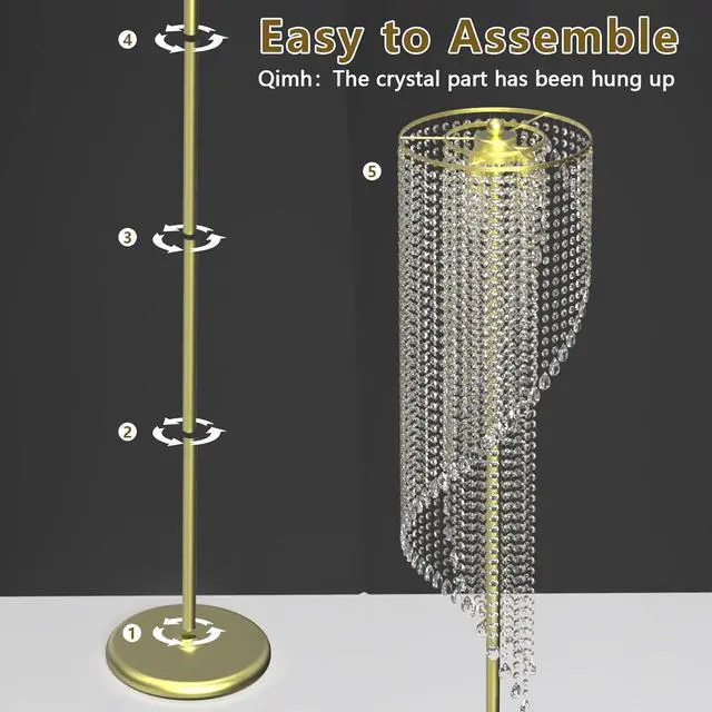 Alt view image 5 of 7 - QiMH Crystal Floor Lamp for Living Room/ Bedroom Decor, Bling Elegant Rain Lamp, Gold Standing Indoor Tall Pole Light Simple Floor Lamp with Foot Switch