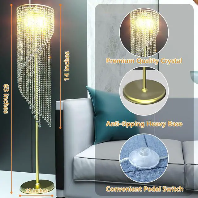Alt view image 6 of 7 - QiMH Crystal Floor Lamp for Living Room/ Bedroom Decor, Bling Elegant Rain Lamp, Gold Standing Indoor Tall Pole Light Simple Floor Lamp with Foot Switch