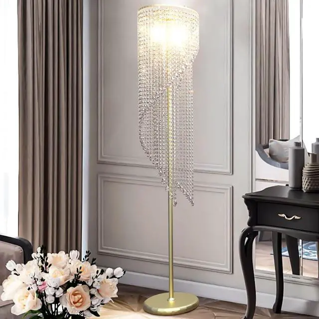 Alt view image 7 of 7 - QiMH Crystal Floor Lamp for Living Room/ Bedroom Decor, Bling Elegant Rain Lamp, Gold Standing Indoor Tall Pole Light Simple Floor Lamp with Foot Switch