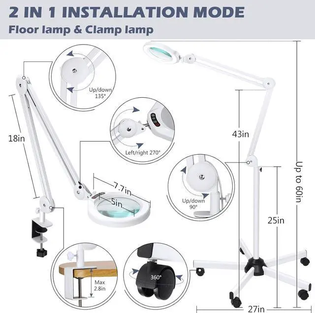Alt view image 4 of 7 - 5X Magnifying Glass with Light and Stand, Veemagni 2,200 Lumens Magnifying Floor lamp with 5 Wheels Rolling Base, LED 5 Color Modes, Stepless Dimmable Lighted Magnifier for Esthetician, Facials, Salon
