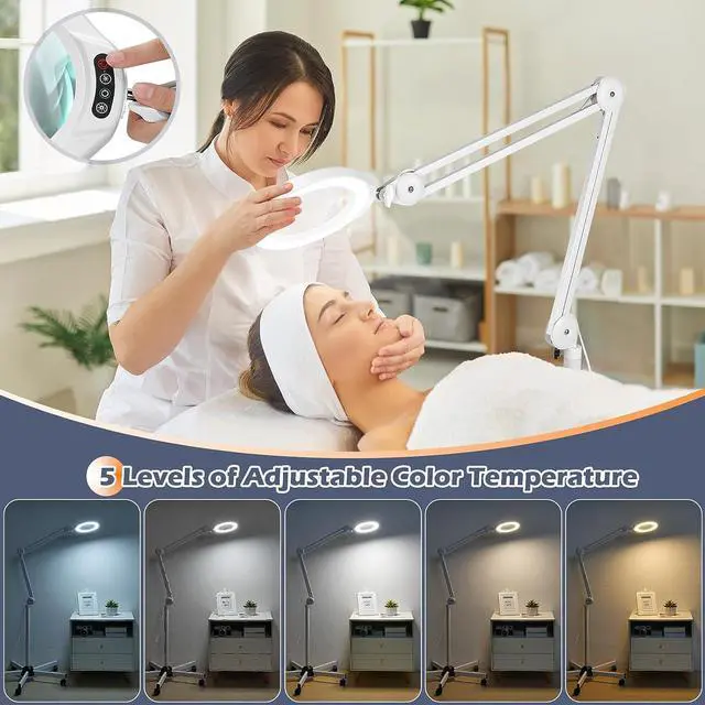 Alt view image 5 of 7 - 5X Magnifying Glass with Light and Stand, Veemagni 2,200 Lumens Magnifying Floor lamp with 5 Wheels Rolling Base, LED 5 Color Modes, Stepless Dimmable Lighted Magnifier for Esthetician, Facials, Salon