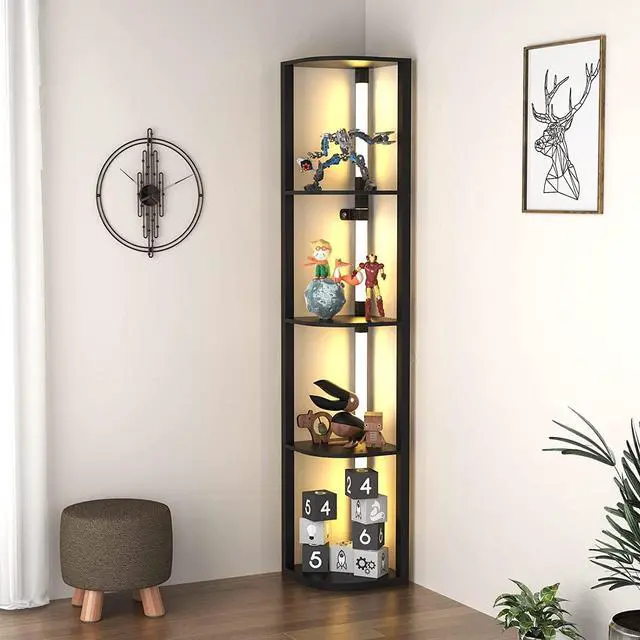 Alt view image 3 of 7 - VTRIN Corner Shelf with Light, Modern Home Decor Stand Floor Lamps with Storage Shelves for Collectibles, Sturdy 5-Tier Corner Bookshelf Cabinet Display Shelf for Living Room Bedroom Small Space