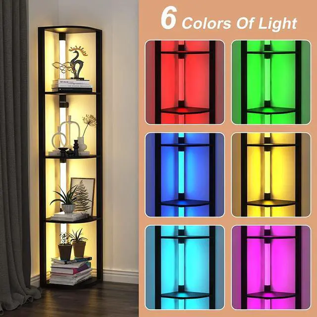 Alt view image 4 of 7 - VTRIN Corner Shelf with Light, Modern Home Decor Stand Floor Lamps with Storage Shelves for Collectibles, Sturdy 5-Tier Corner Bookshelf Cabinet Display Shelf for Living Room Bedroom Small Space
