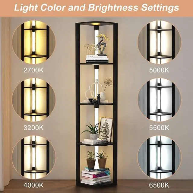 Alt view image 5 of 7 - VTRIN Corner Shelf with Light, Modern Home Decor Stand Floor Lamps with Storage Shelves for Collectibles, Sturdy 5-Tier Corner Bookshelf Cabinet Display Shelf for Living Room Bedroom Small Space