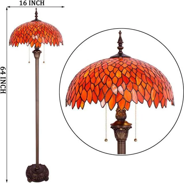 Alt view image 2 of 7 - WERFACTORY Tiffany Floor Lamp Red Orange Wisteria Stained Glass Standing Reading Light 16X16X64 Inches Antique Style Pole Corner Lamp Decor Bedroom Living Room Home Office S523R Series