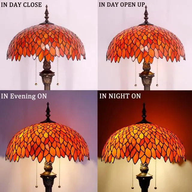 Alt view image 4 of 7 - WERFACTORY Tiffany Floor Lamp Red Orange Wisteria Stained Glass Standing Reading Light 16X16X64 Inches Antique Style Pole Corner Lamp Decor Bedroom Living Room Home Office S523R Series