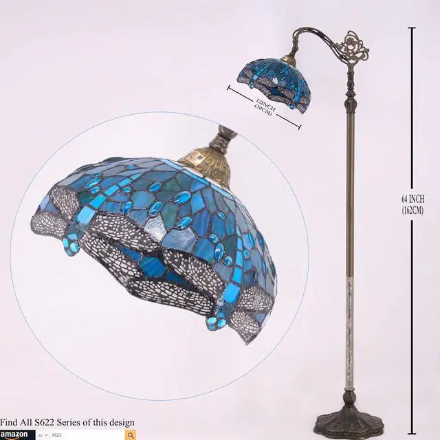 Alt view image 2 of 6 - WERFACTORY Tiffany Floor Lamp Sea Blue Stained Glass Dragonfly Arched Lamp 12X18X64 Inches Gooseneck Adjustable Corner Standing Reading Light Decor Bedroom Living Room S622 Series