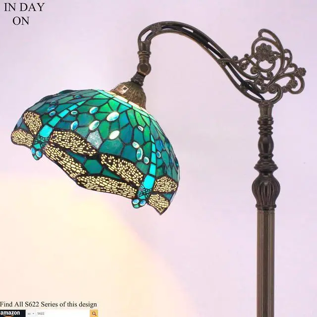 Alt view image 5 of 6 - WERFACTORY Tiffany Floor Lamp Sea Blue Stained Glass Dragonfly Arched Lamp 12X18X64 Inches Gooseneck Adjustable Corner Standing Reading Light Decor Bedroom Living Room S622 Series