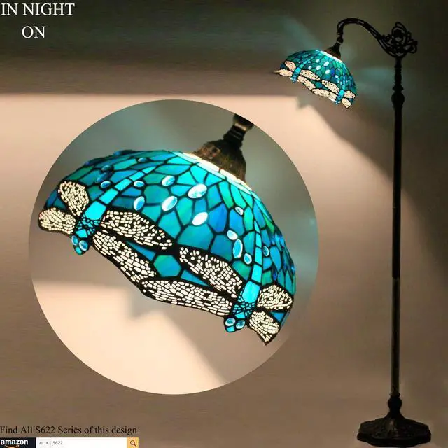 Alt view image 6 of 6 - WERFACTORY Tiffany Floor Lamp Sea Blue Stained Glass Dragonfly Arched Lamp 12X18X64 Inches Gooseneck Adjustable Corner Standing Reading Light Decor Bedroom Living Room S622 Series