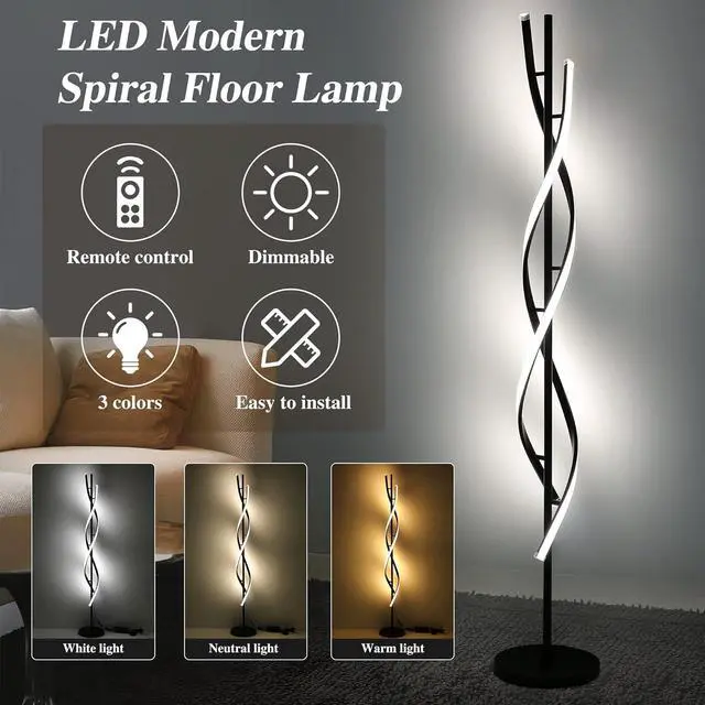 Alt view image 2 of 6 - JUTIFAN Modern Spiral Floor Lamp for Living Room, 48W Dimmable Led Corner Floor Lamp with Remote Control, 53 Inch Black Floor Lamps 3 Color Tall Corner Reading Lamp Standing Floor Lamps for Bedroom