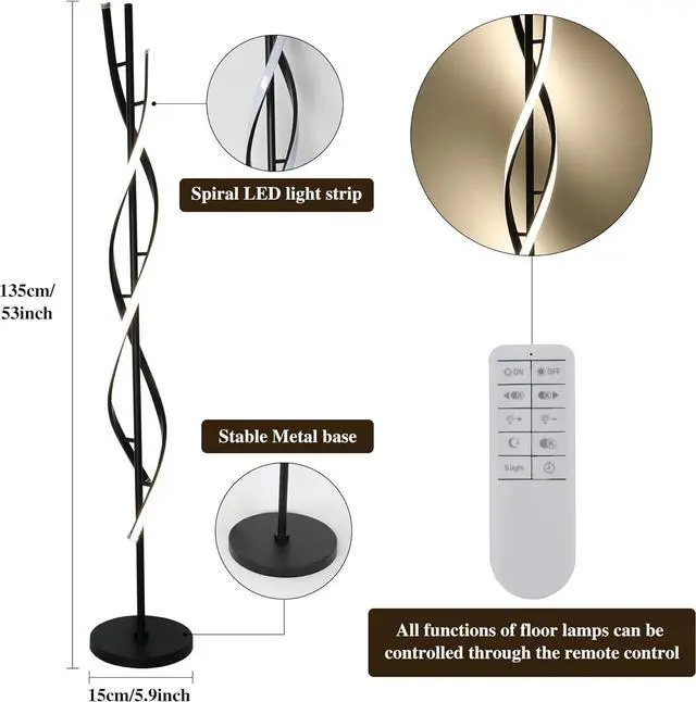 Alt view image 3 of 6 - JUTIFAN Modern Spiral Floor Lamp for Living Room, 48W Dimmable Led Corner Floor Lamp with Remote Control, 53 Inch Black Floor Lamps 3 Color Tall Corner Reading Lamp Standing Floor Lamps for Bedroom