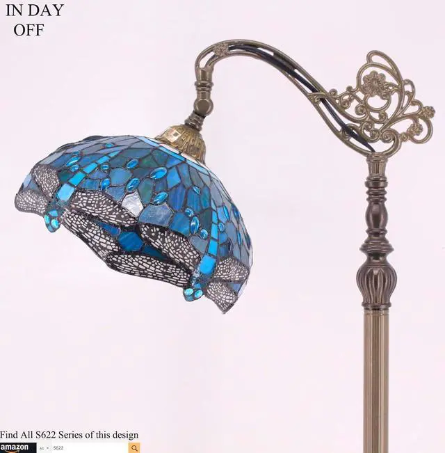 Alt view image 3 of 6 - WERFACTORY Tiffany Floor Lamp Sea Blue Stained Glass Dragonfly Arched Lamp 12X18X64 Inches Gooseneck Adjustable Corner Standing Reading Light Decor Bedroom Living Room S622 Series
